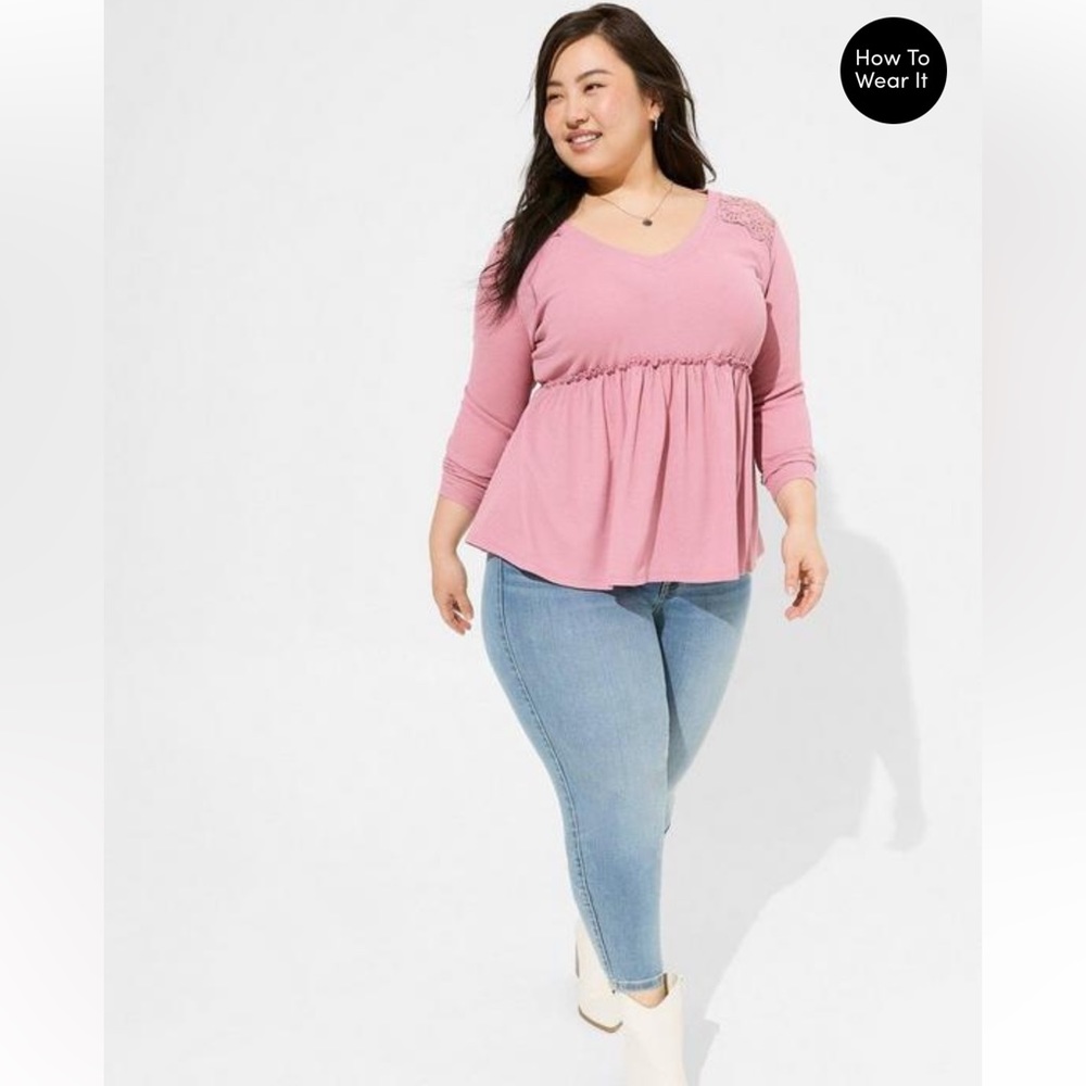 Torrid Knit V-neck Lace Inset Long Sleeve Babydoll — Foxglove